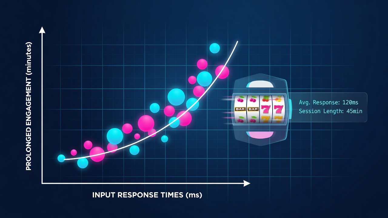 Mobile device displaying spinning reels in a slot game interface with timing metrics overlay