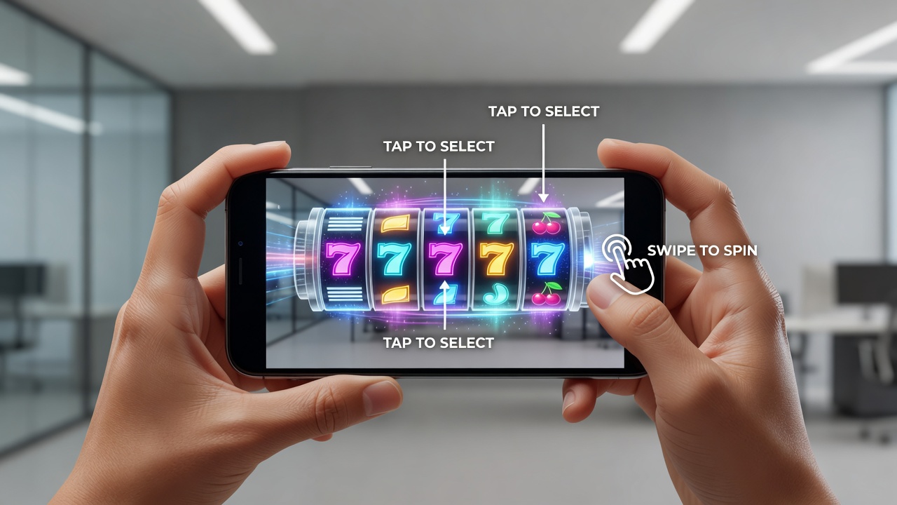 Close-up of smartphone displaying AR-enhanced reel symbols interacting with real-world environment
