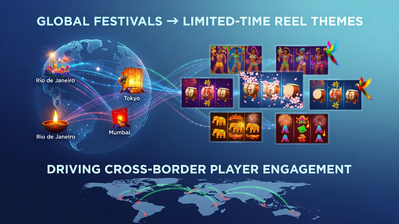 Digital slot reels themed around global festivals with vibrant cultural symbols and limited-time promotional banners
