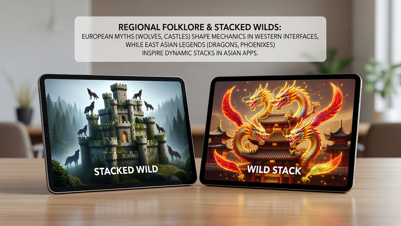 European folklore motifs rendered as stacked wilds in portable wagering applications