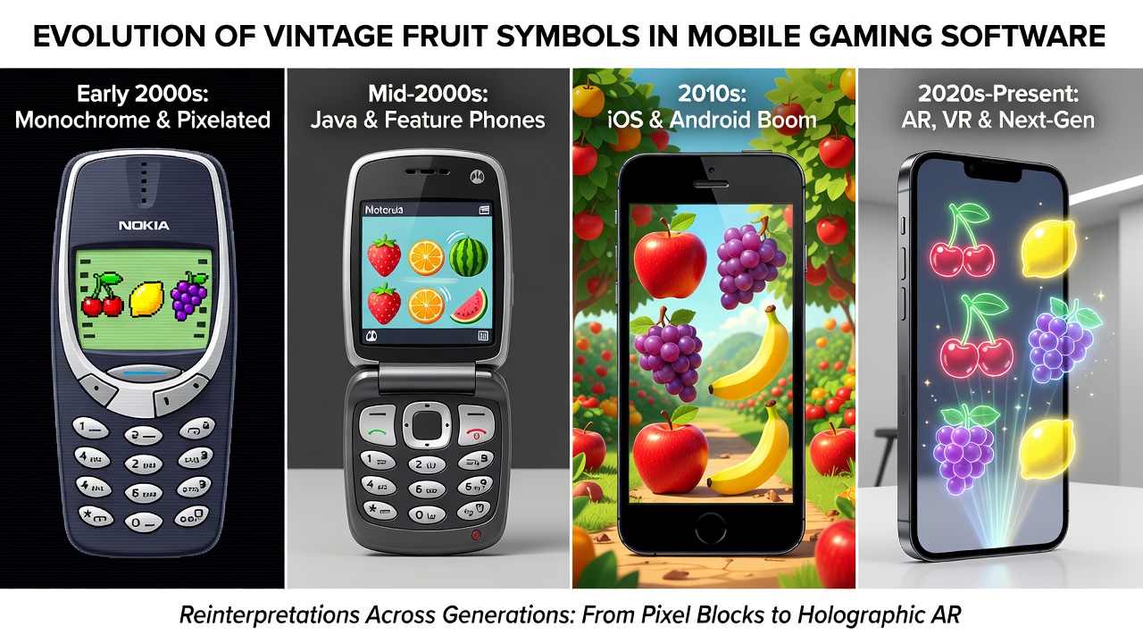 Mobile interface showing reinterpreted fruit symbols with modern graphical effects in a regulated gaming app