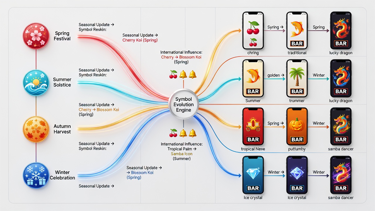 Evolution of themed symbols in portable gaming applications across different international regions