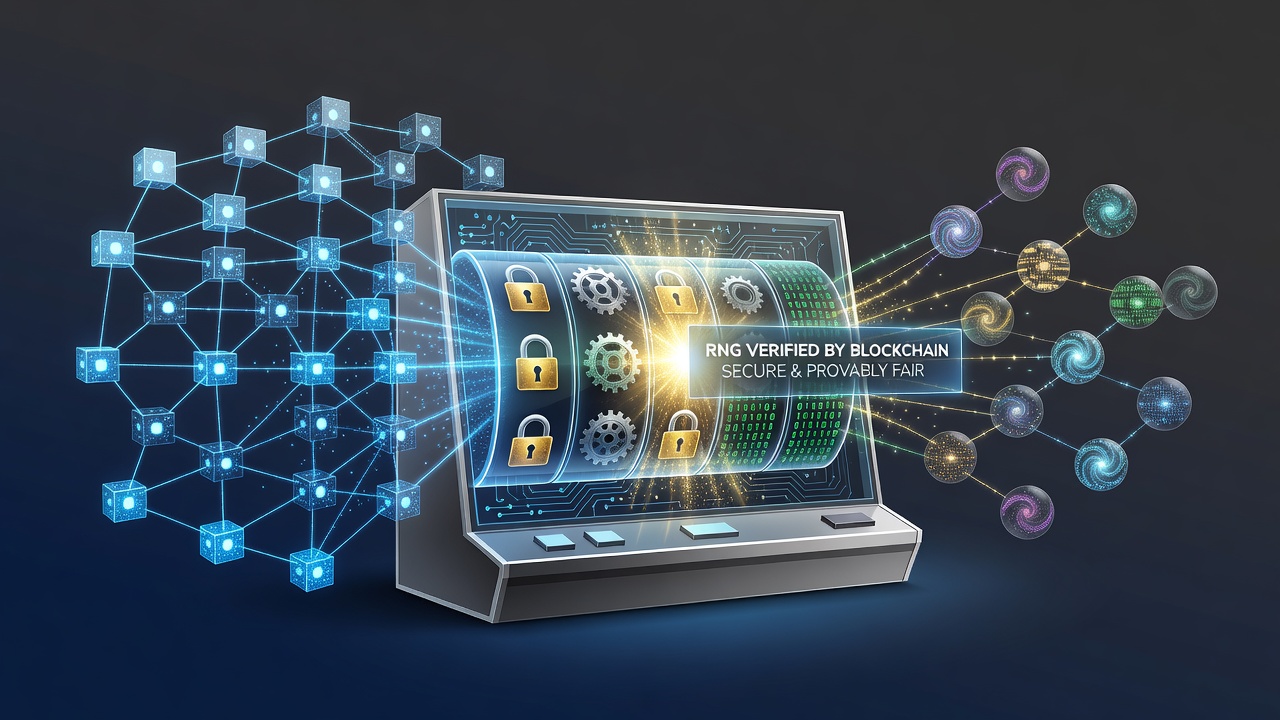 Blockchain nodes connecting with digital slot machine interfaces to illustrate transparent random number generation