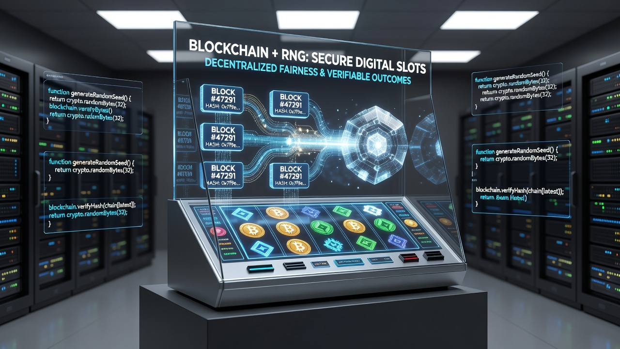Digital interface showing blockchain-verified RNG outputs for slot game fairness checks