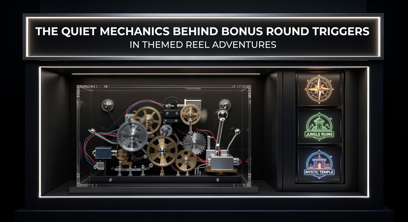 Close-up view of spinning reels in a themed slot adventure showing scatter symbols aligning for a bonus trigger