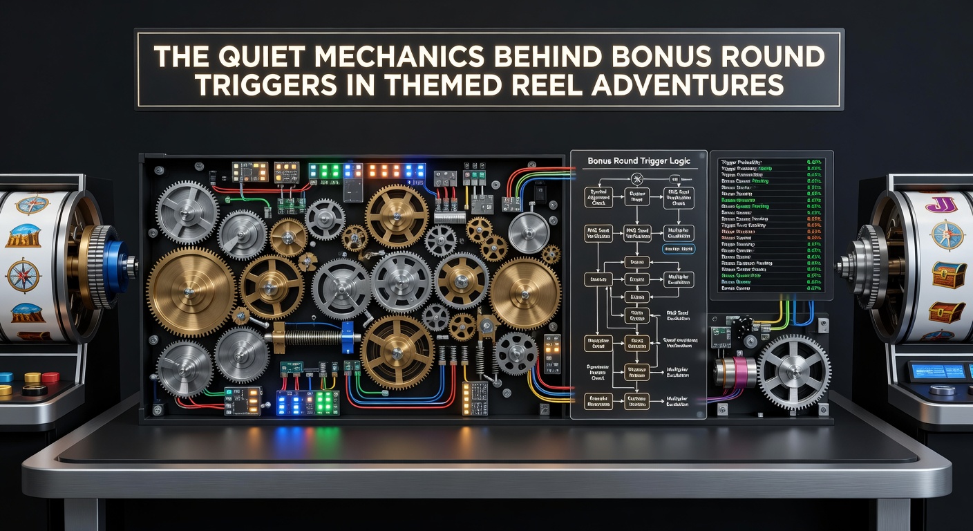 Digital interface displaying bonus round activation sequence with thematic adventure elements and probability indicators