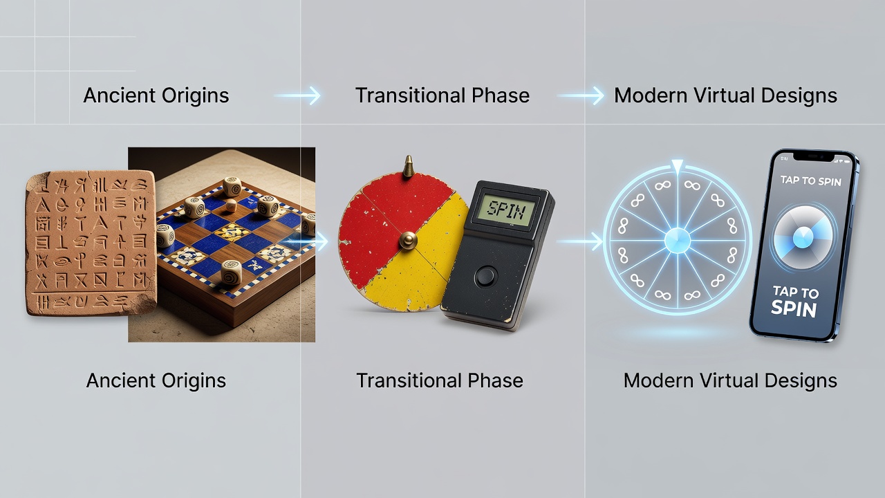 Modern virtual spinner interface displaying animated symbols evolved from historical motifs in digital casino applications
